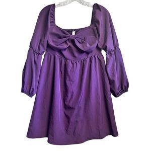 EXLURA Women's Purple Square Neck Puff Sleeve Bow Smocked Babydoll Mini Dress M